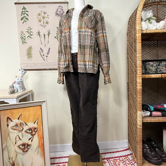 Vintage 70s 80s Plaid Wool Button Up Shirt Fairy Grunge Gorpcore Cottage M L - Picture 2 of 10